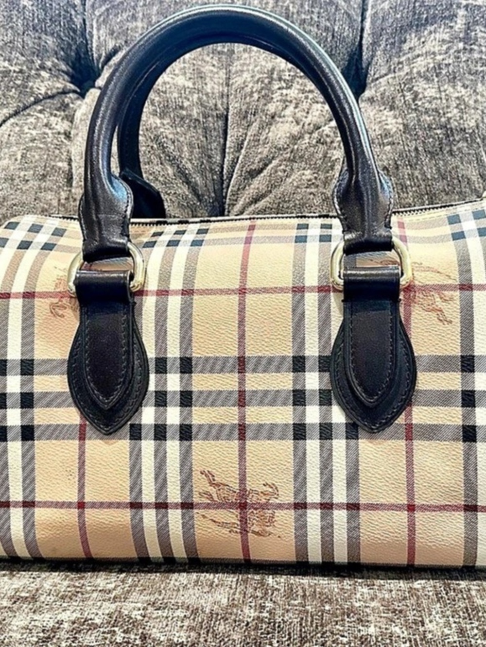 Burberry Haymarket Check Boston Bowling Bag Brown Leather